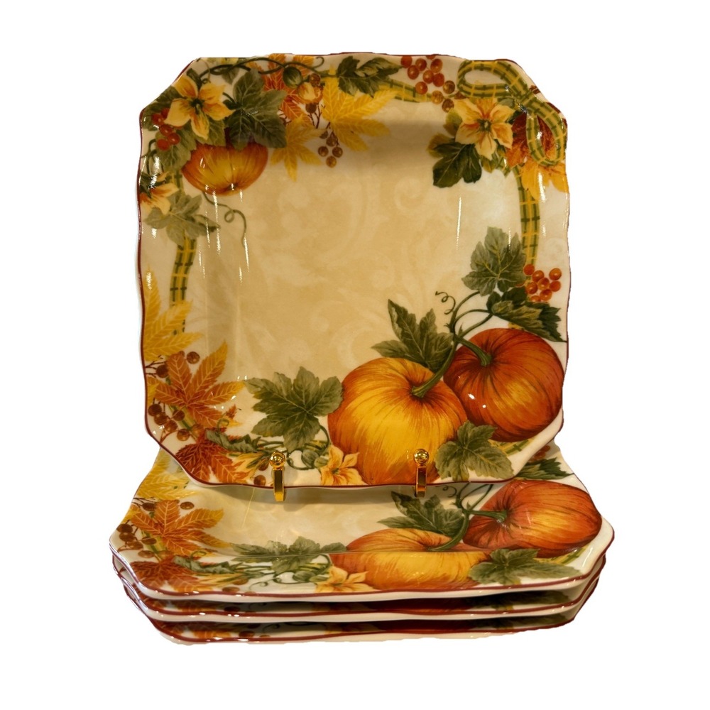 222 Fifth Pumpkin Vine Orange 8 1/2" Salad Plates Thanksgiving Fall Set of 4 New
